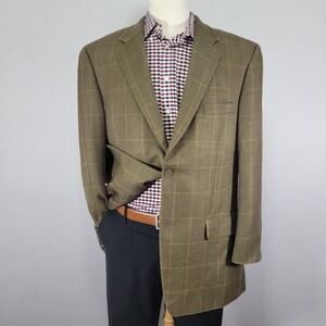 Tasso Elba Men's Sport Coat Blazer Two Button Olive‎ Plaid Silk Camel hair 42L